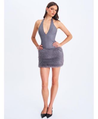 Women's Daisy Grey Drop Waist Fur Trim Halter Mini Dress