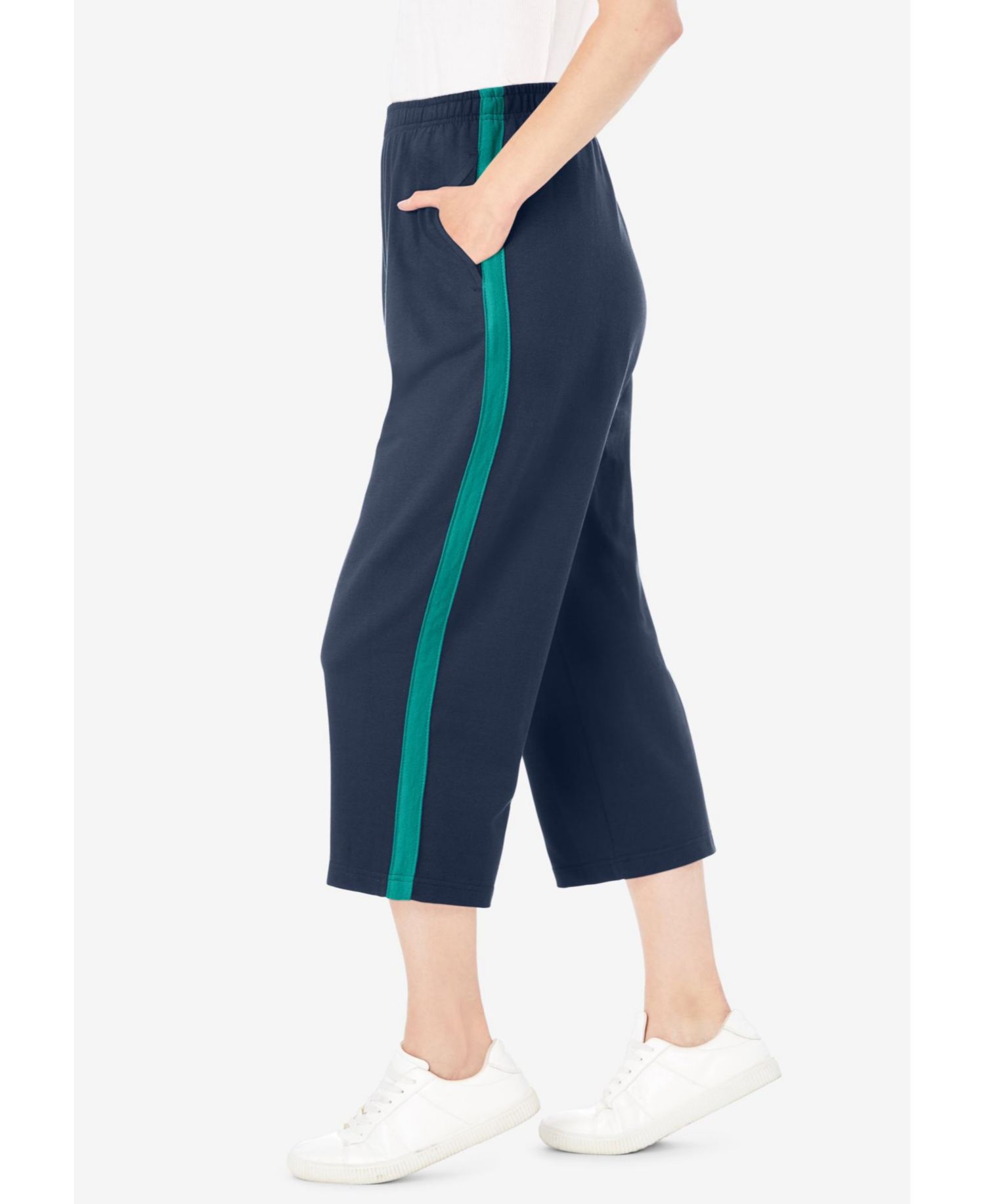 Women's Plus Size Side-Stripe Cotton French Terry Capri