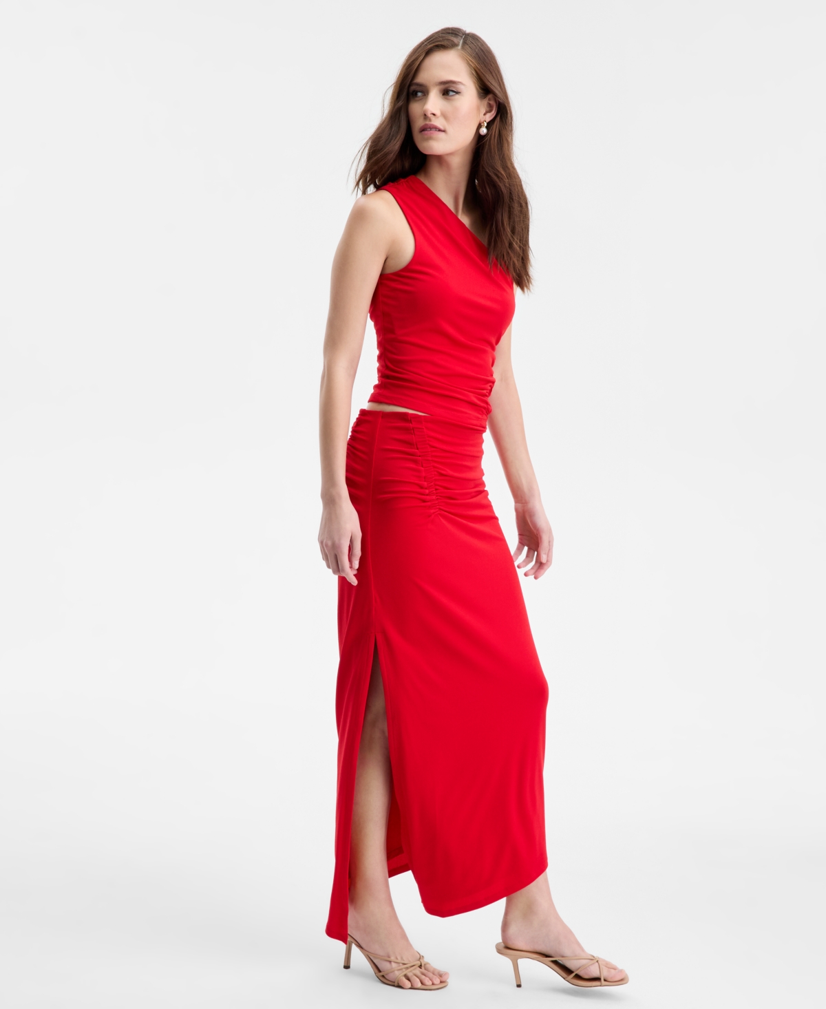Bar Iii Women's Asymmetrical Ruched Midi Skirt, Macy's Exclusive In Red