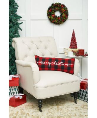 Plaid Checkered "Merry Christmas" Embroidered Cotton Blend Mini Accent Pillow 9" x 22"
