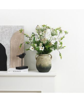 Old-World Brown with Green Bottom 9.8-Inch Tall Round Terracotta Vase with Handles