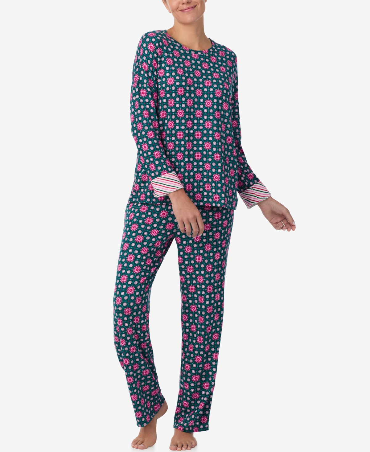 Ellen Tracy Women's Printed Round Neck Top And Pants Pajama Set In Green
