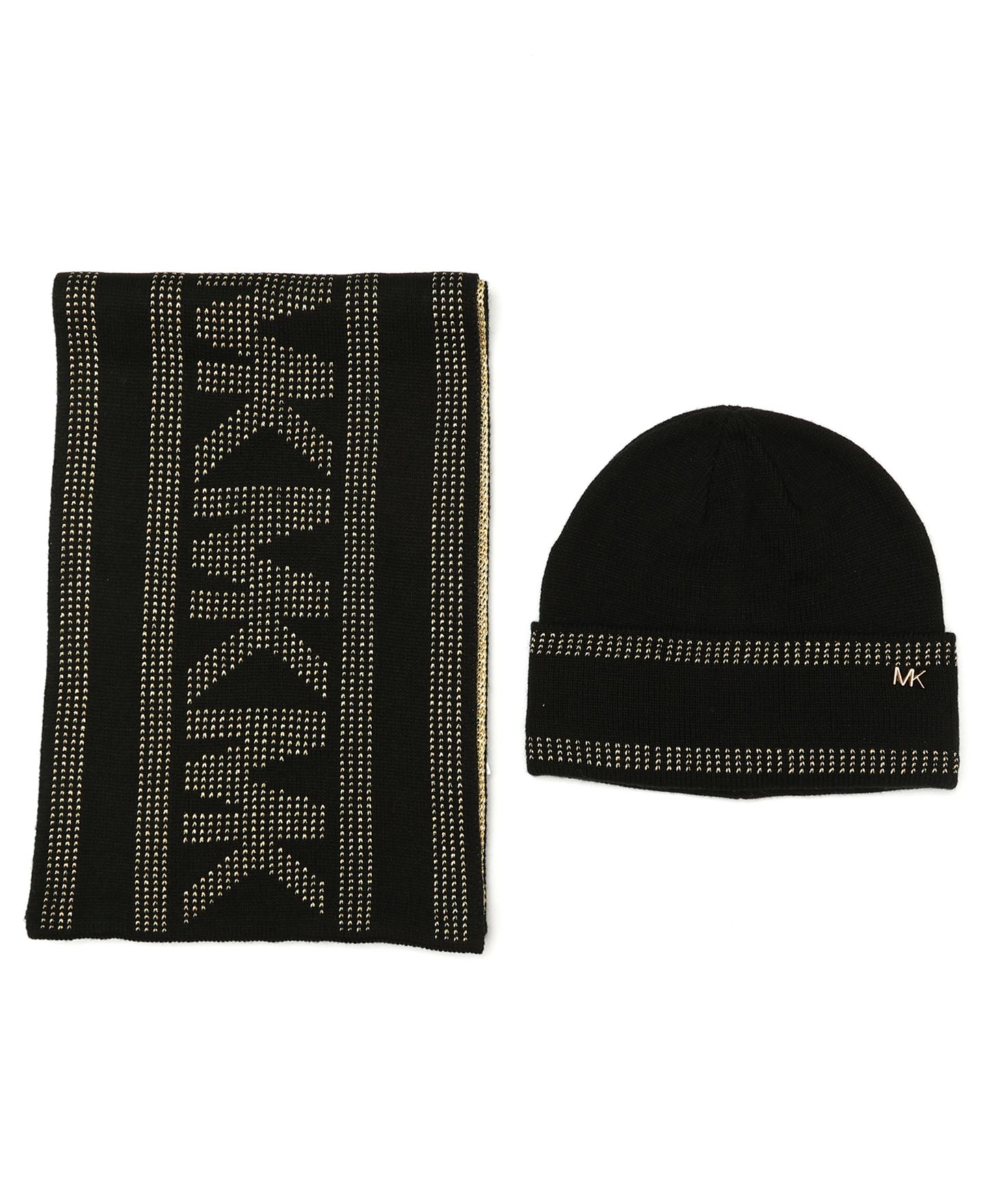 Женские комплекты Michael Kors Signature 2-Piece MK Sport Tape Cuff Beanie and Scarf Box Set, цвет: Чёрный — фото 1