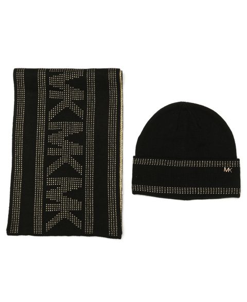 Женские комплекты Michael Kors Signature 2-Piece MK Sport Tape Cuff Beanie and Scarf Box Set, цвет: Чёрный