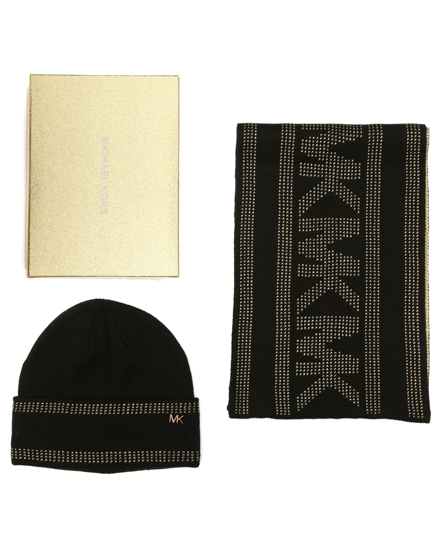 Женские комплекты Michael Kors Signature 2-Piece MK Sport Tape Cuff Beanie and Scarf Box Set, цвет: Чёрный — фото 5
