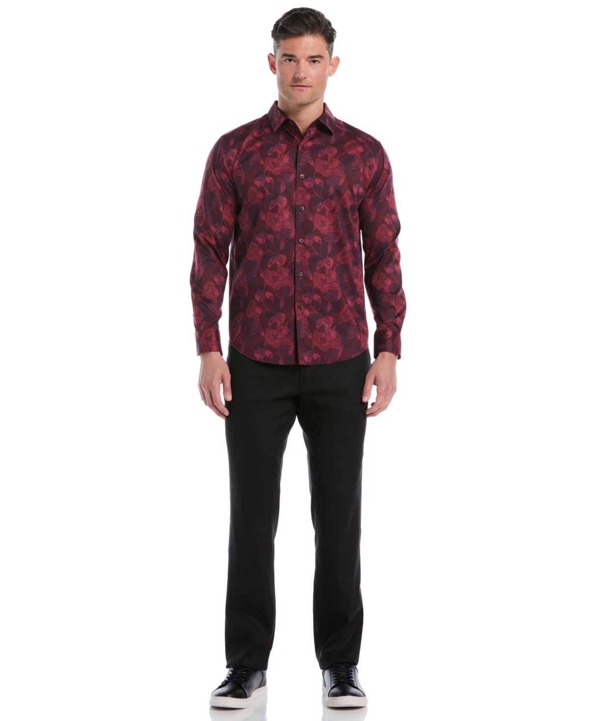 Cubavera Men's Long Sleeves Floral Print Shirt In Burgundy