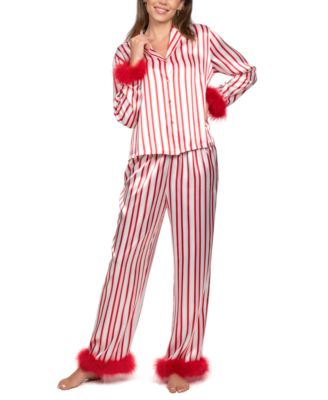 Linea Donatella - Women's 2-Piece Marabou Stripe Top and Pants Pajama Set