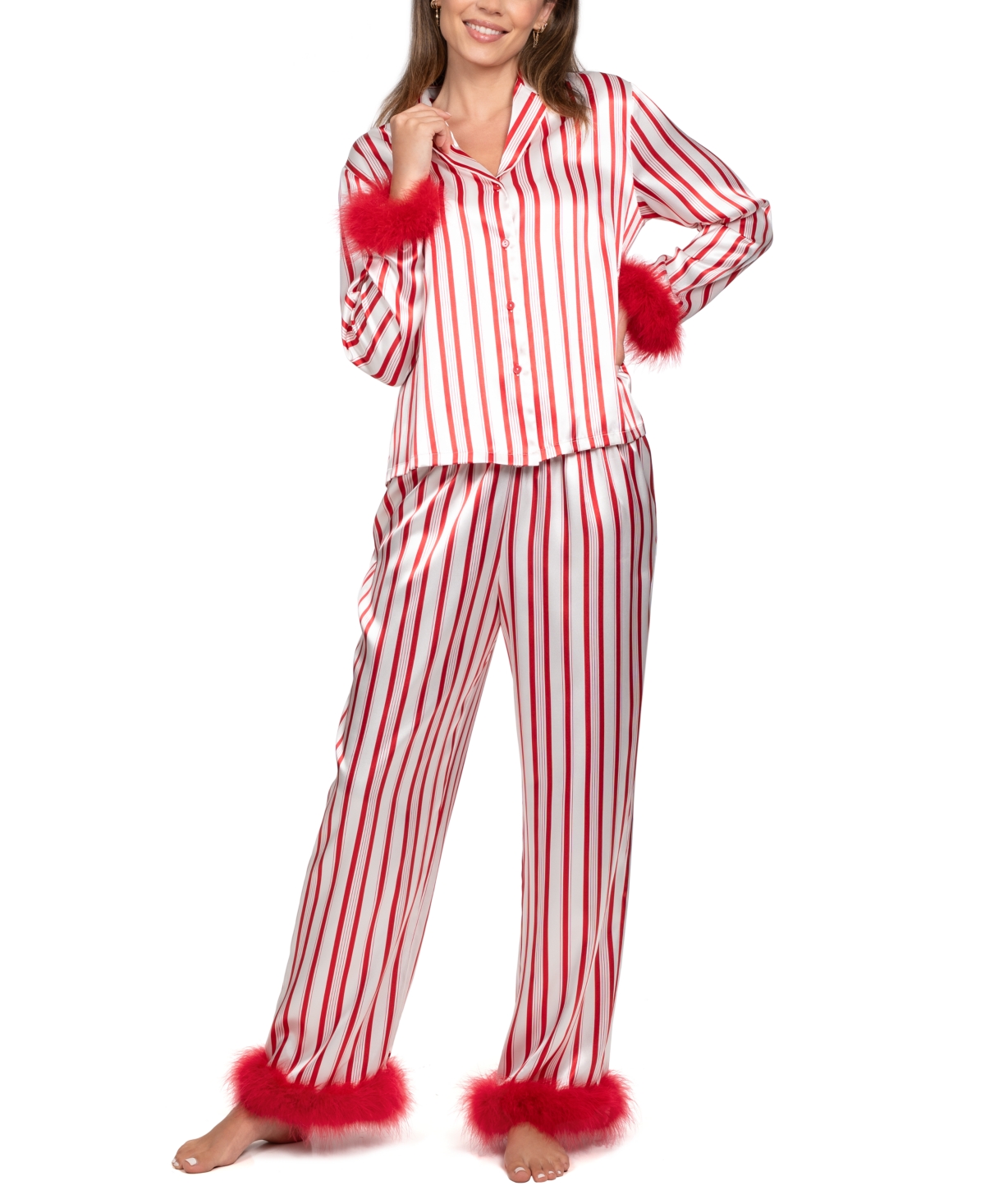 Linea Donatella Women's 2-piece Marabou Stripe Top And Pants Pajama Set In Red