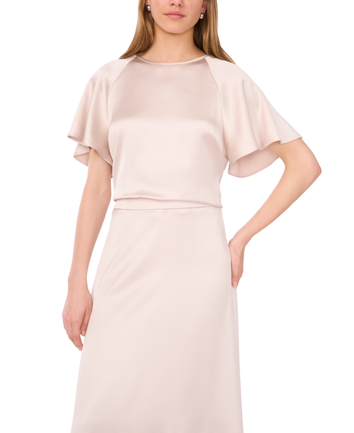 1.state Women's Flutter Sleeve Crewneck Blouse