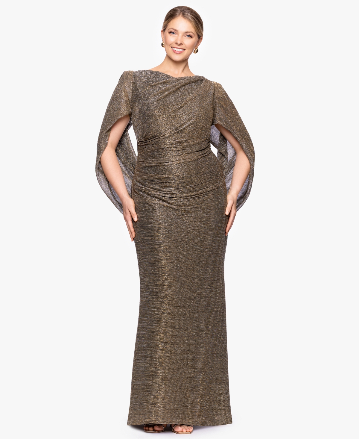 Betsy & Adam Plus Long Metallic Crinkle Sheath Dress