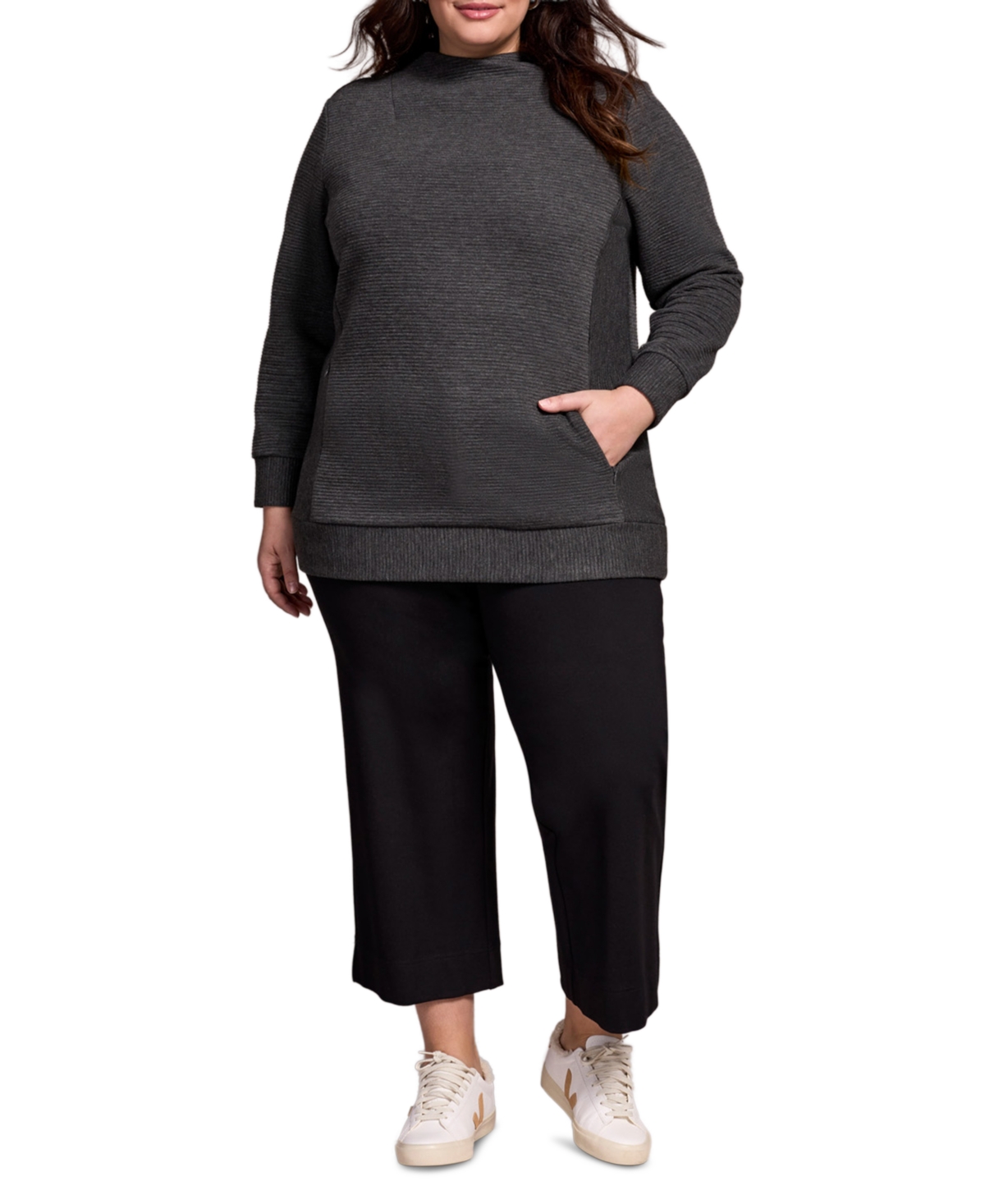 Tribal Plus Size Long-sleeve Knit Tunic Sweater In Gray