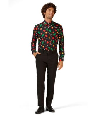 Men's Christmas Shirt - Festive Holiday Icons Button Up Dress Shirt - Slim Fit - Black - Long sleeve