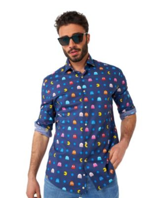 Big & Tall Pixel Official PAC-MAN Shirt - Retro Gaming Outfit - Including 1 Button- Up Shirt - Blue - Long sleeve