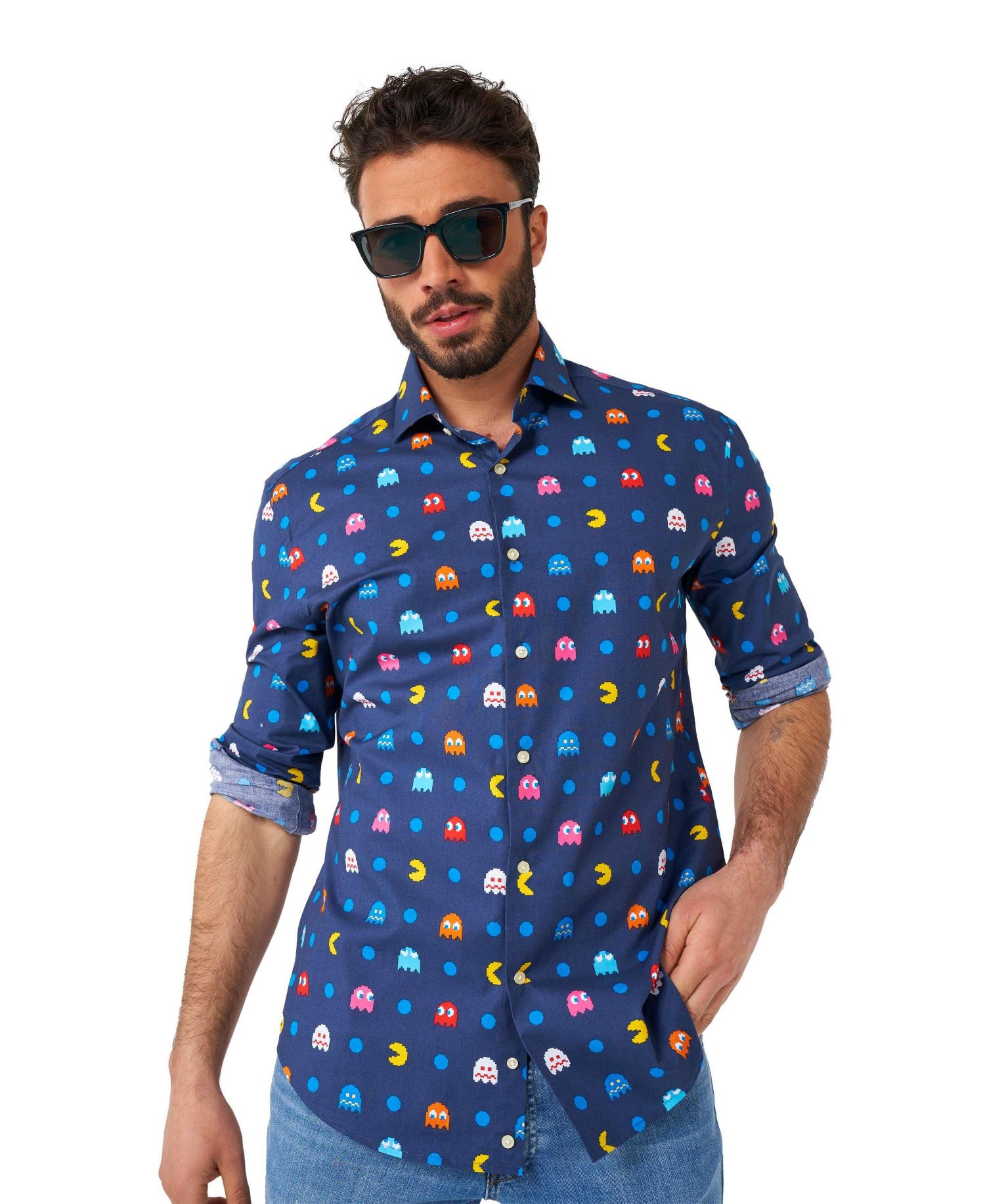 Big & Tall Pixel Official PAC-MAN Shirt - Retro Gaming Outfit - Including 1 Button- Up Shirt - Blue - Long sleeve