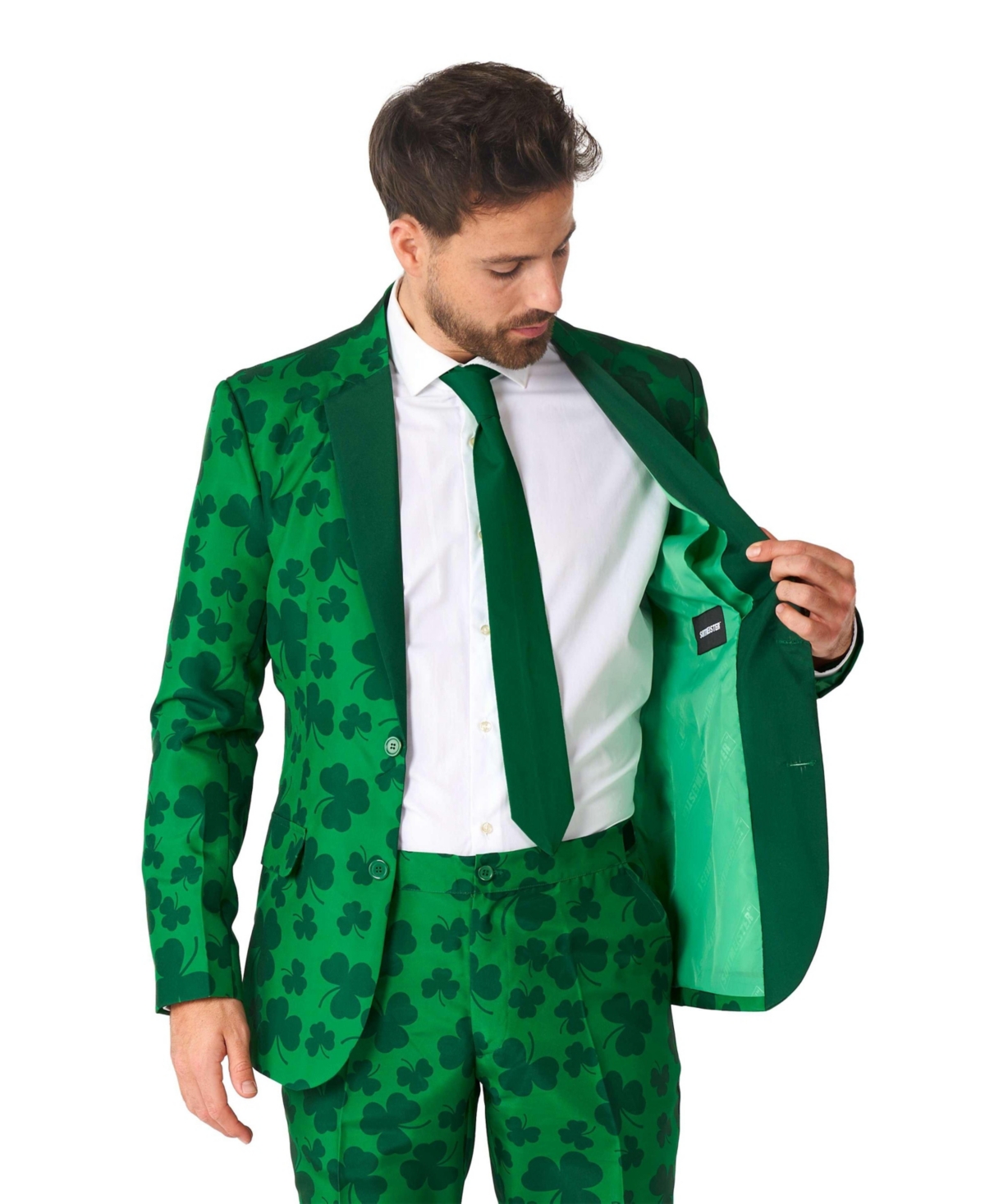 Suitmeister Men's Party Costume. Pats Green Suit - Shamrock Print for Men