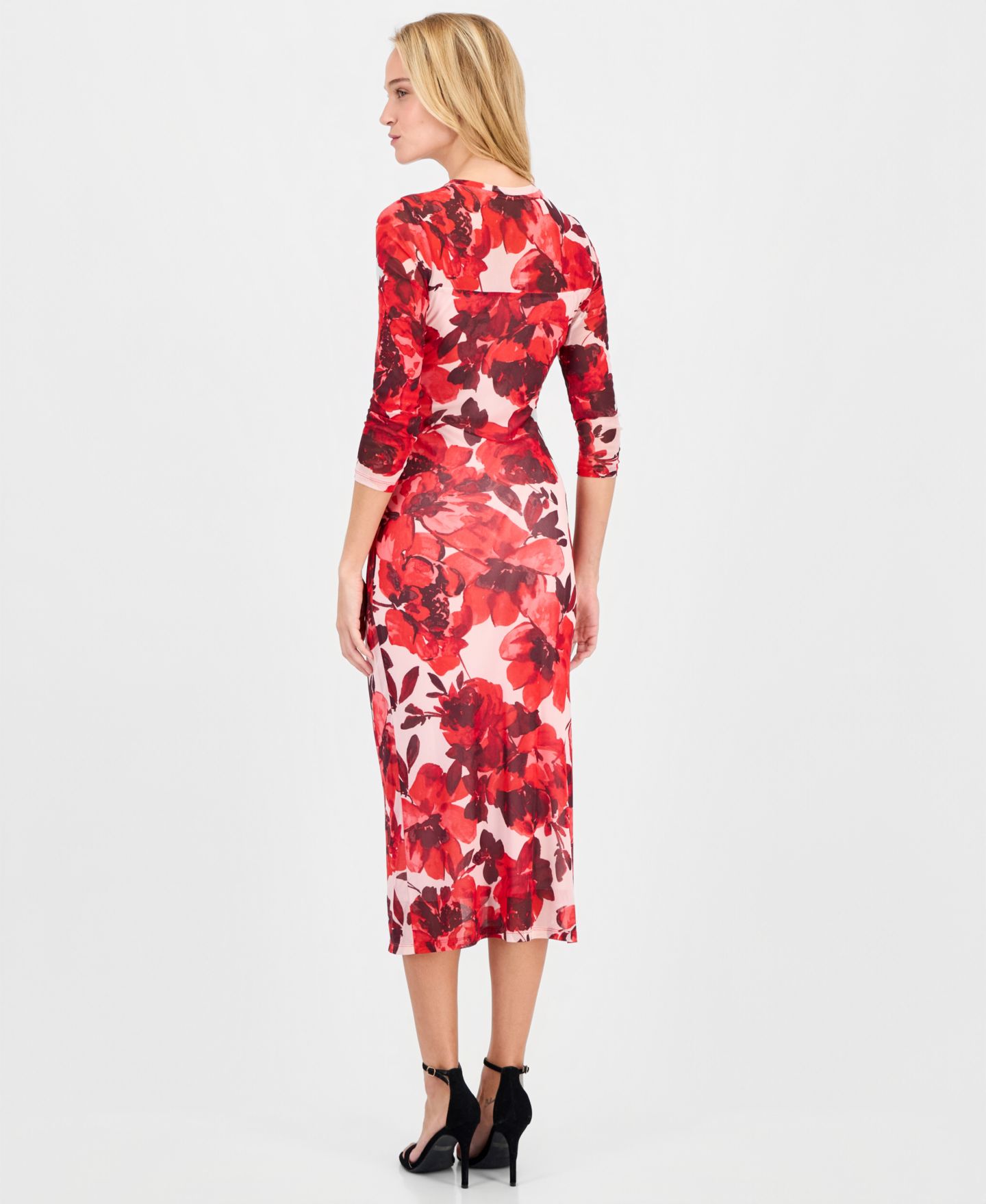 Женское платье Anne Klein Side-Ruched 3/4-Sleeve Midi, цвет: Розовый туманный разноцветный — фото 5