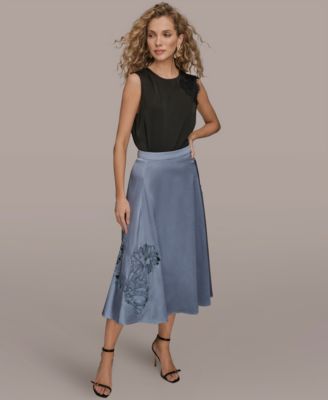 Women's Floral Cutout Satin Midi Skirt