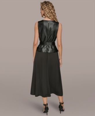 Women's Sleeveless Mixed Media Belted Midi Dress