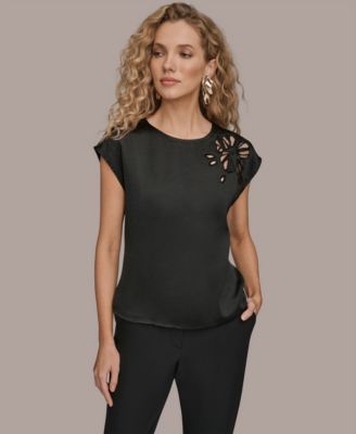 Donna Karan New York - Women's Embroidered Cap Sleeve Crewneck Top