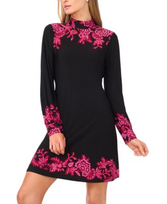 Women's Border Print Long Sleeve Mock Neck Mini Dress