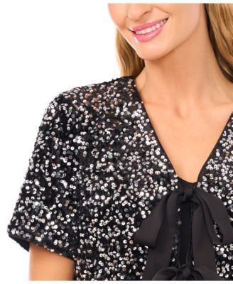 Women's Cropped Velvet Sequin Short Sleeve Top