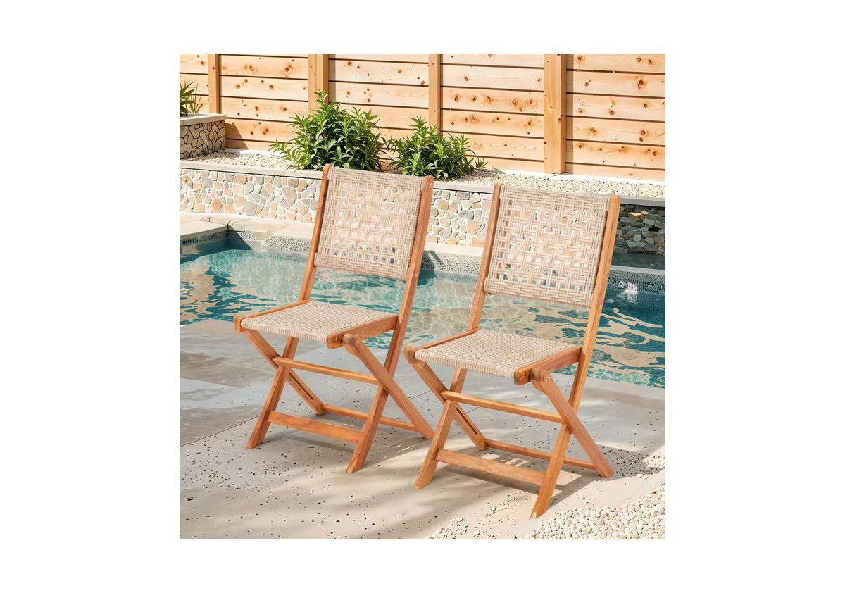 Aecojoy Outdoor Folding Chairs Set of 2, Wooden Patio Dining Chairs with High Back
