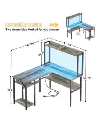 L Shaped Desk with Hutch, LED Lights, Reversible Corner Desk with Power Outlet