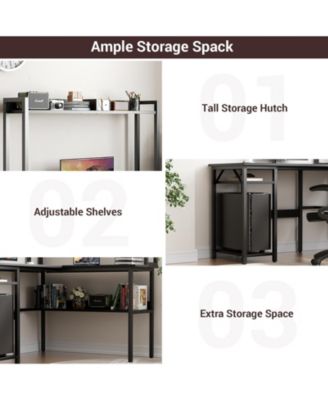 L Shaped Desk with Hutch, LED Lights, Reversible Corner Desk with Power Outlet