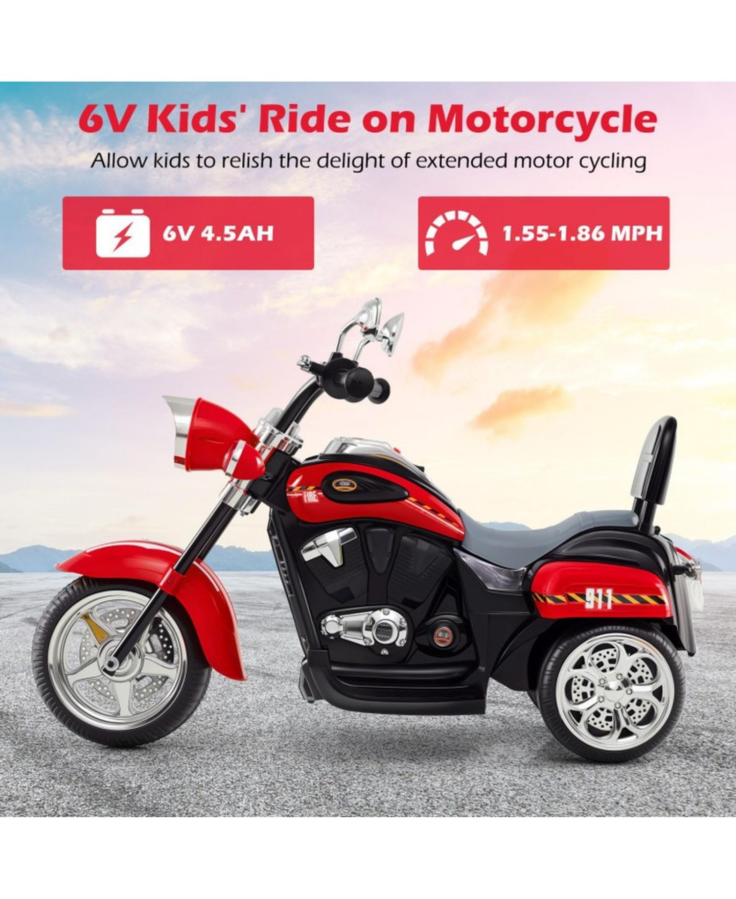 Детская игрушка SUGIFT Rechargeable 6V 3-Wheel Motorbike Ride-On Toy, 36"L x 19"W x 25"H, Ages 3+, цвет: Красный — фото 7