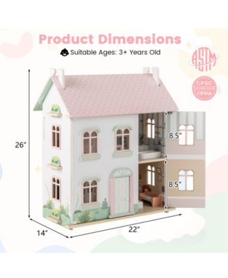 Kids Wooden Dollhouse 3 Level with Double-Sided Roofs and Doors