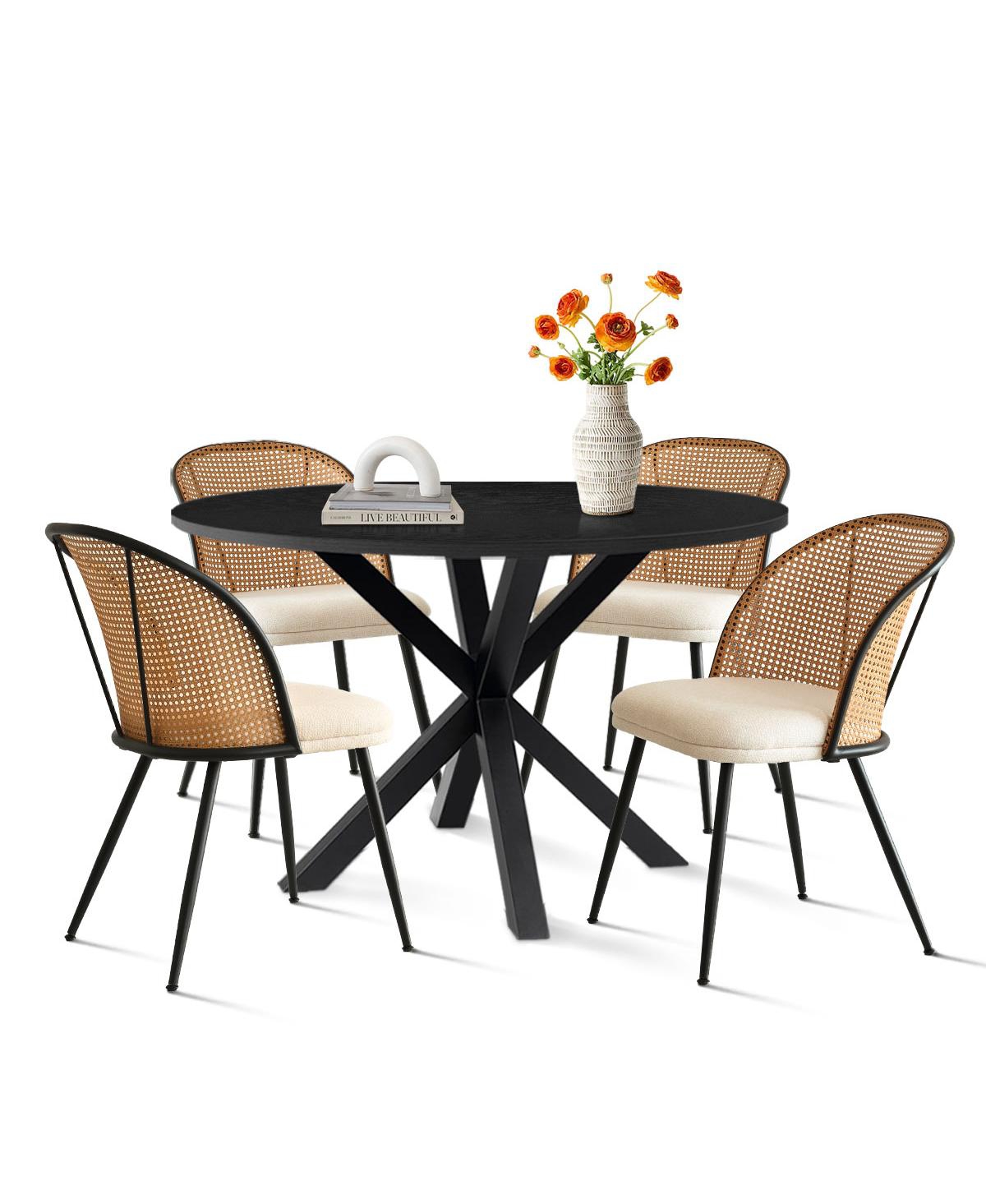 5-Piece 39.4" Round Black Dining Table Set with Starburst Base and 4 Faux Rattan Back Cushioned Chairs, Modern Look for Dining Room-Maison Boucle