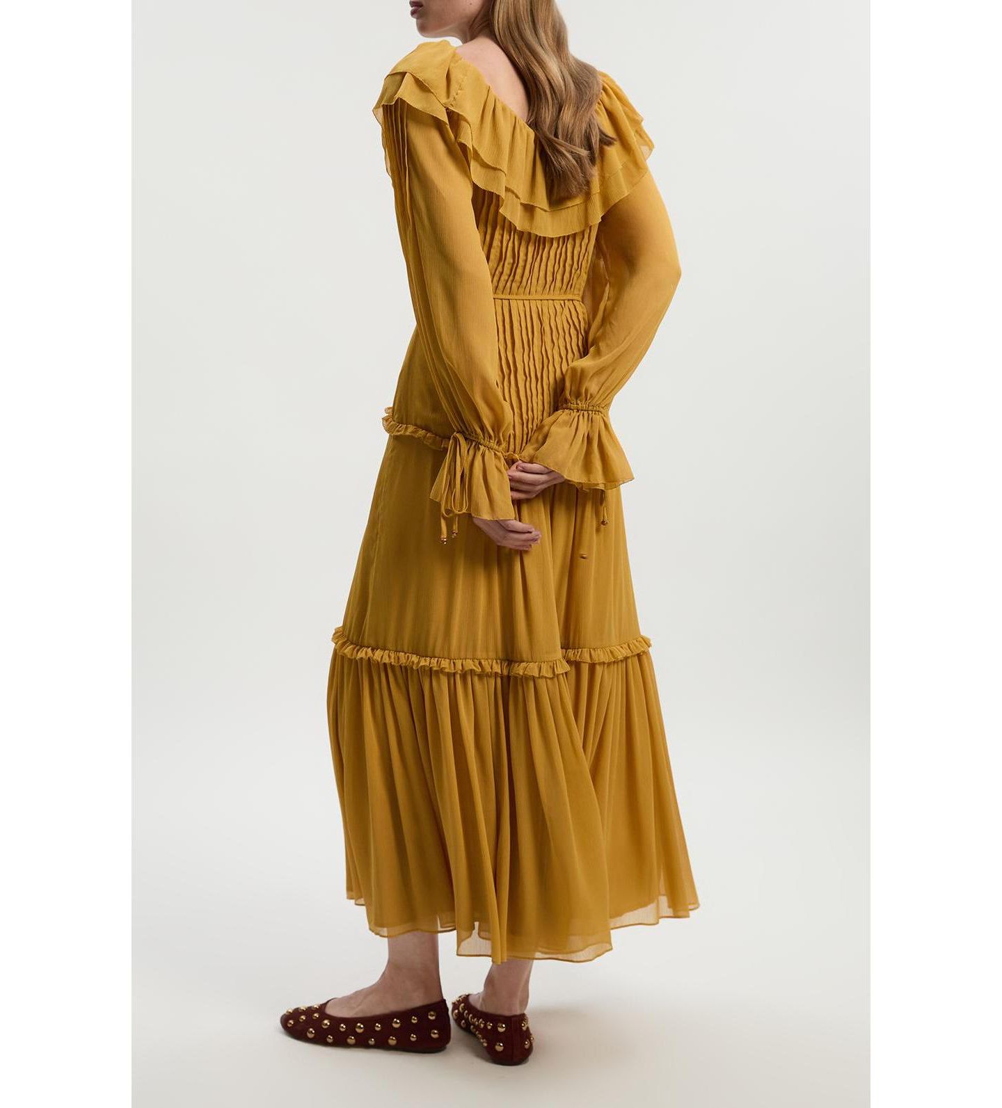 Женское платье Karen Millen Georgette Ruffle Woven Maxi, цвет: Ochre — фото 5