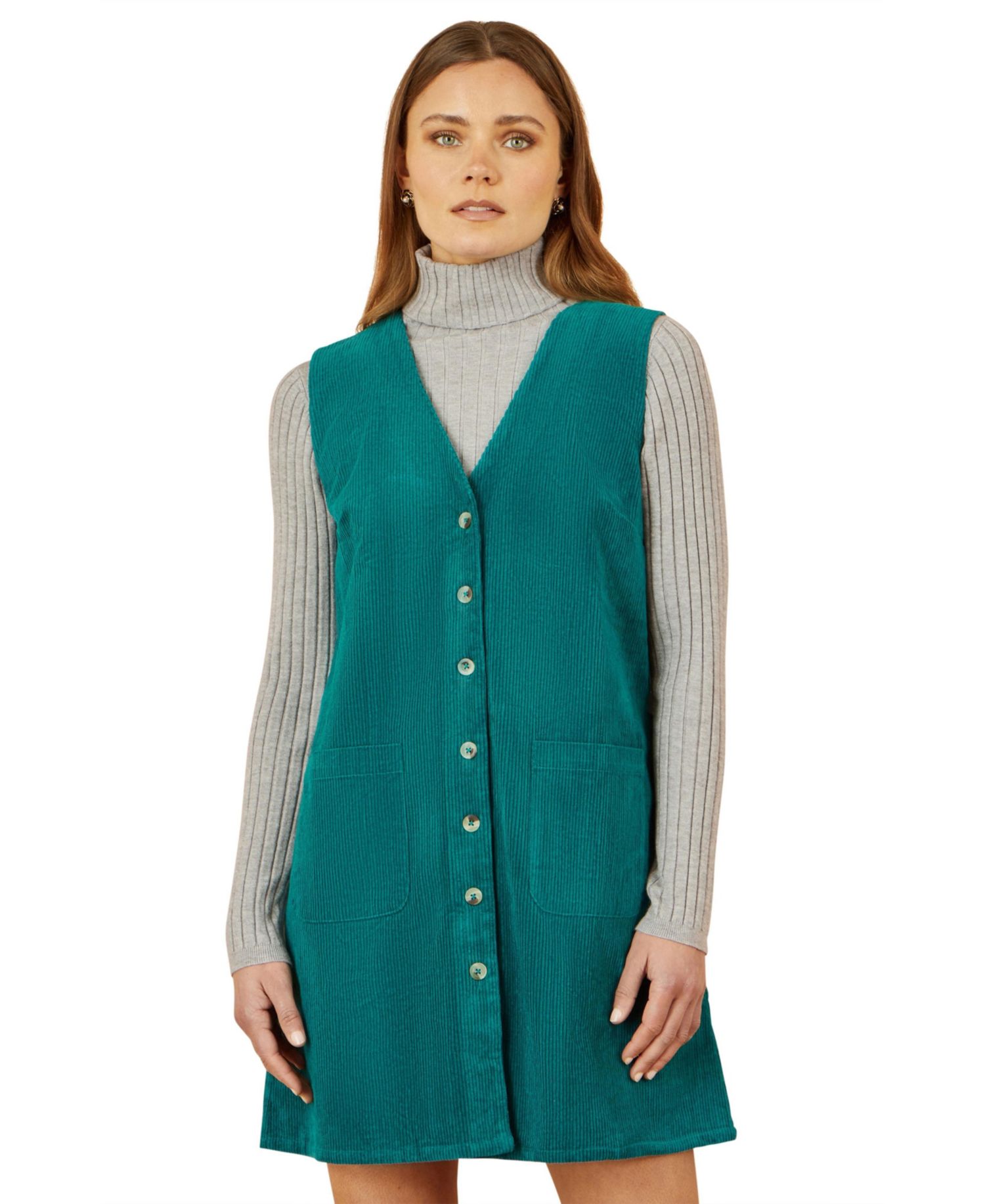 Women's V-Neck Cord Pinafore Dress