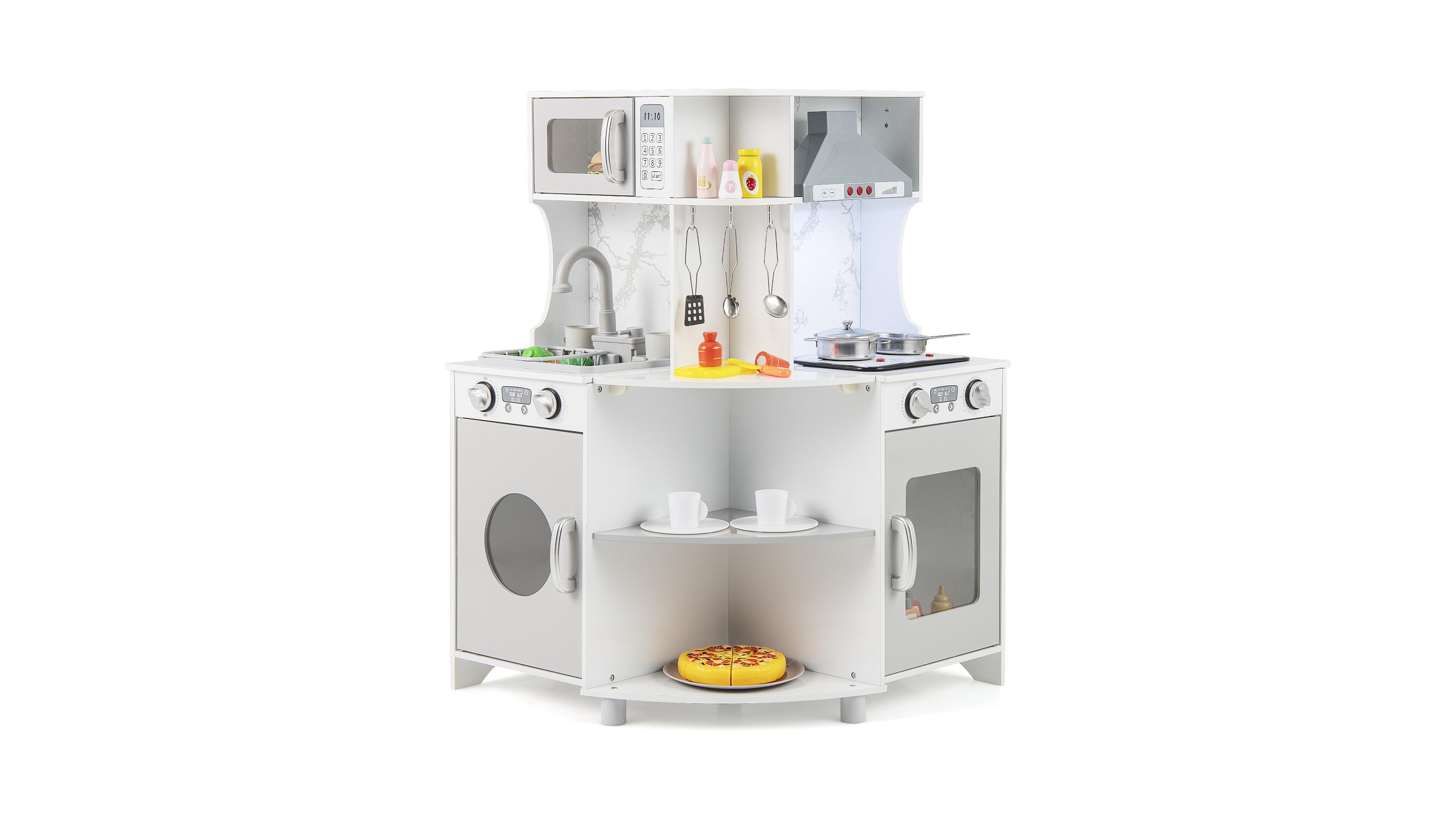 Sugift Kids Corner Wooden Play Kitchen with Range Hood and Stoves