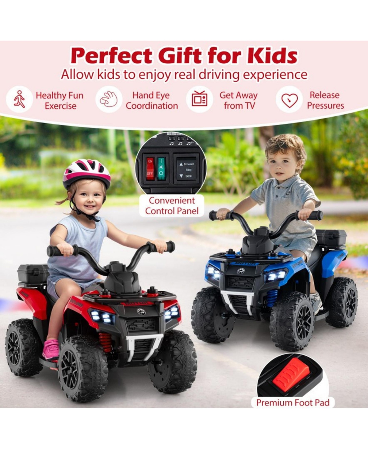 SUGIFT6V Kids Ride On Atv with Spray Function and Storage Box with Music