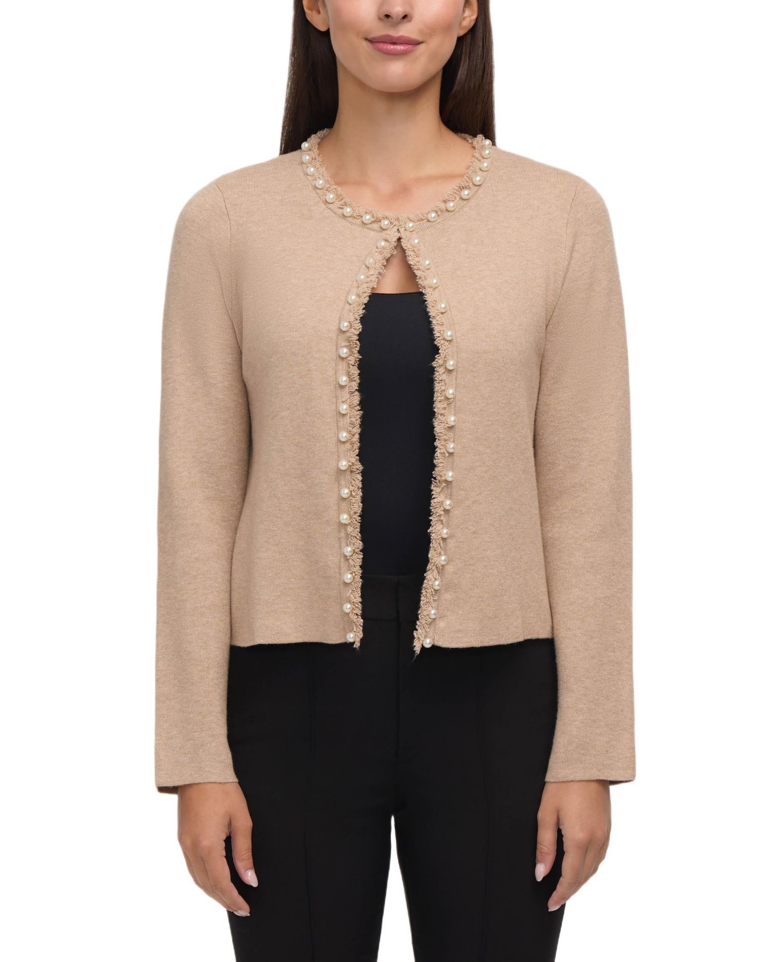 Women's Long Sleeve Open Cardigan with Pearl Trim