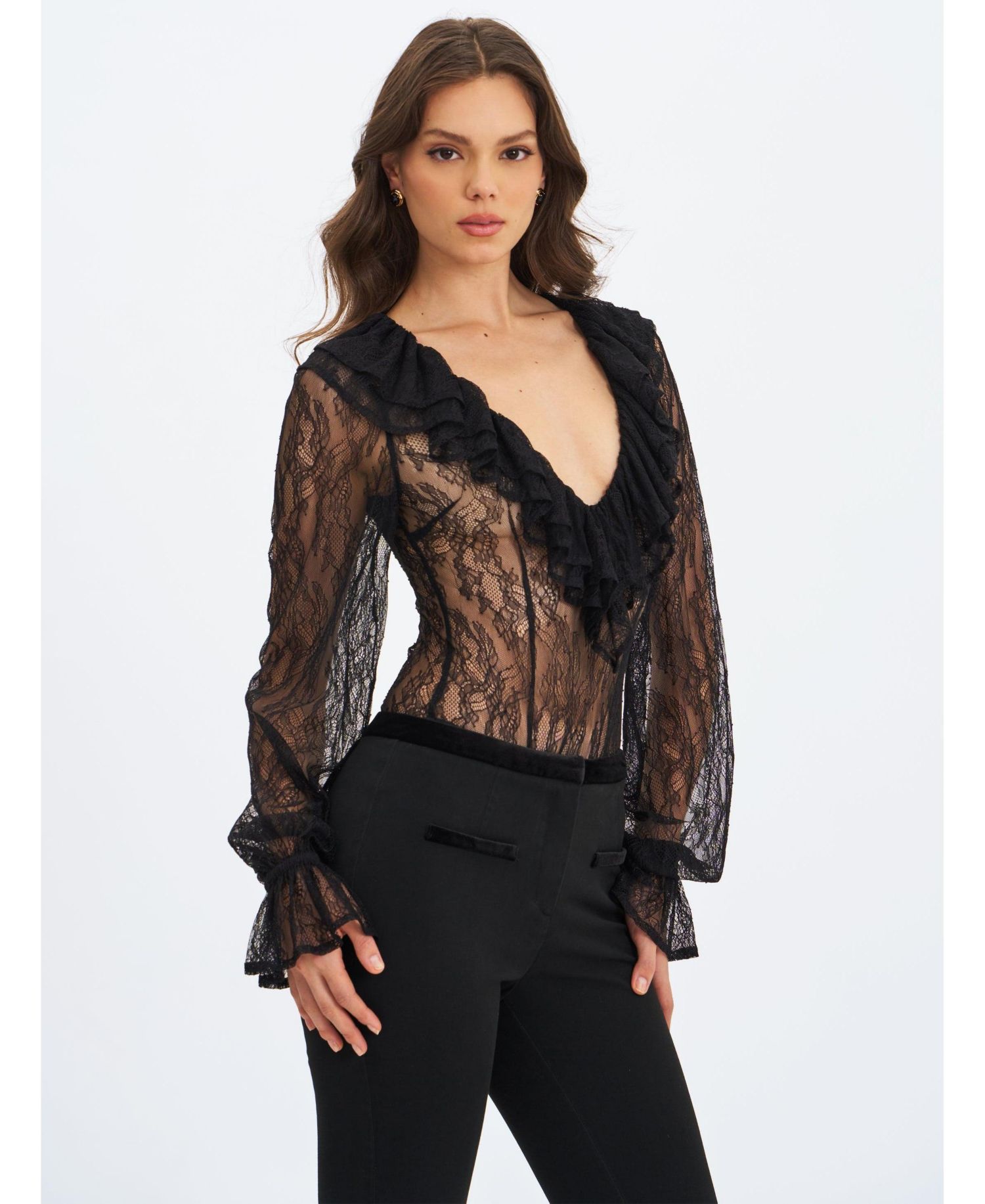 Women's Taliah Black Sheer Lace Ruffled Collar Bodysuit