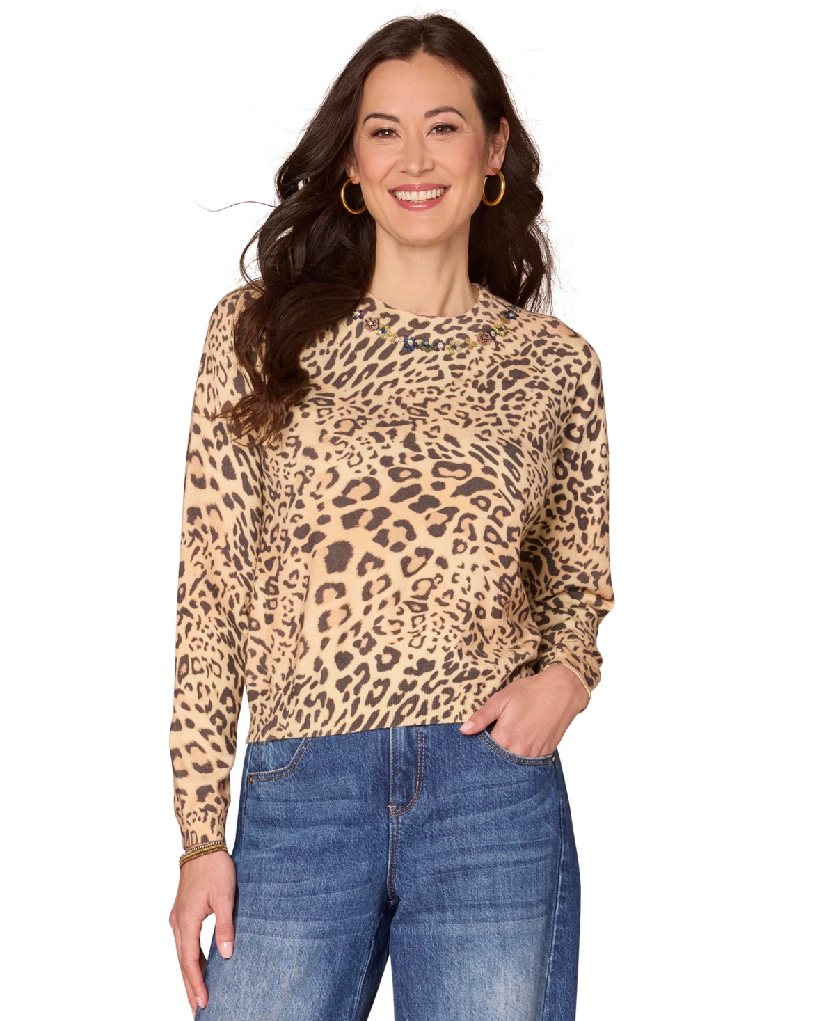 Democracy Women's Long Sleeve Sequin Printed Sweater In Animal Print