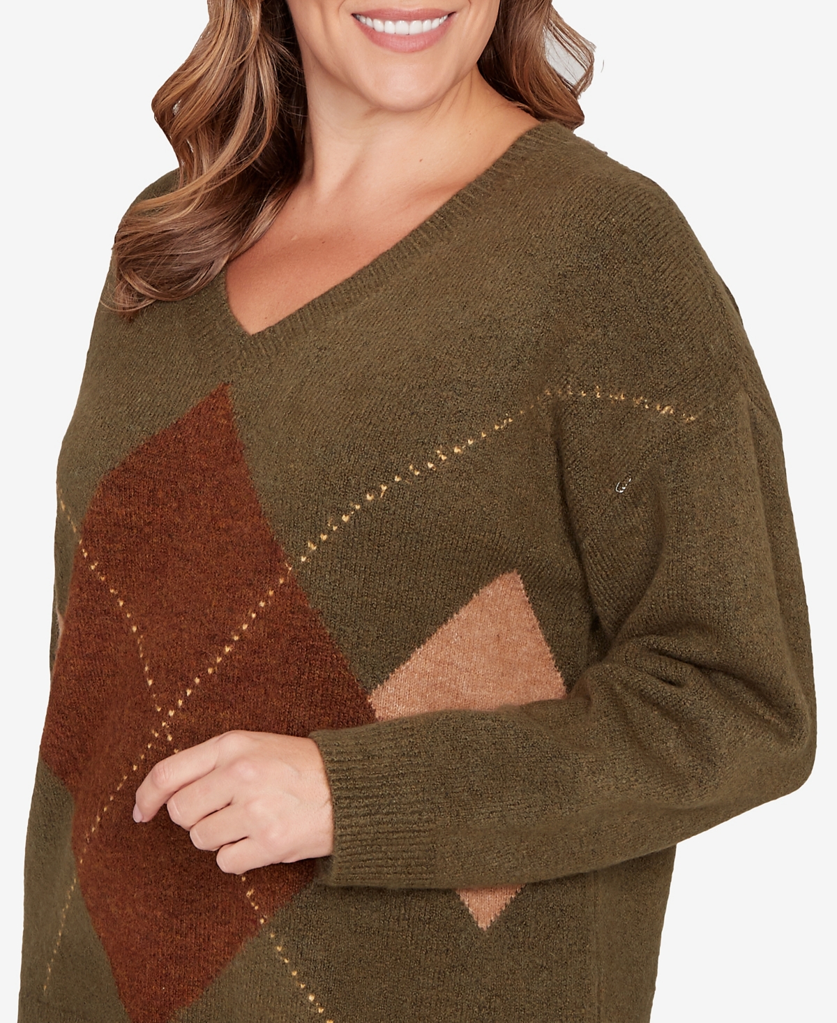 Hearts Of Palm Plus Size Argyle Long Sleeve V-neck Sweater In Brown