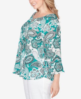 Plus Size Printed Woven Crinkle 3/4 Sleeve Top