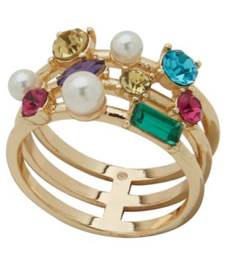 Emily in Paris - Glass Stone, Glass Pearl & Cubic Zirconia Gold-Tone Stackable Ring