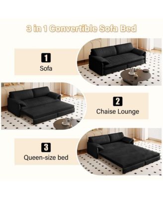 66" Queen Pull-Out Sofa Bed, Convertible 3-in-1 Velvet Sleeper Couch with Storage Pocket for Living Room or Guest Room