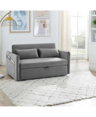 55'' Pull-Out Sleeper Sofa Bed with USB Ports, Adjustable Backrest, Velvet 2-Seater Couch with Side Pockets & Pillows