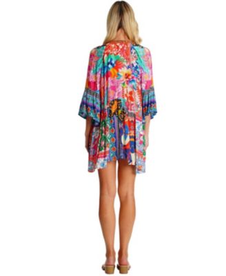 Women's Multicolor Mini Dress with Side Asymmetrical Hem and Beaded Neckline