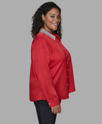 Plus Size Crystal Collared Neck Shirt