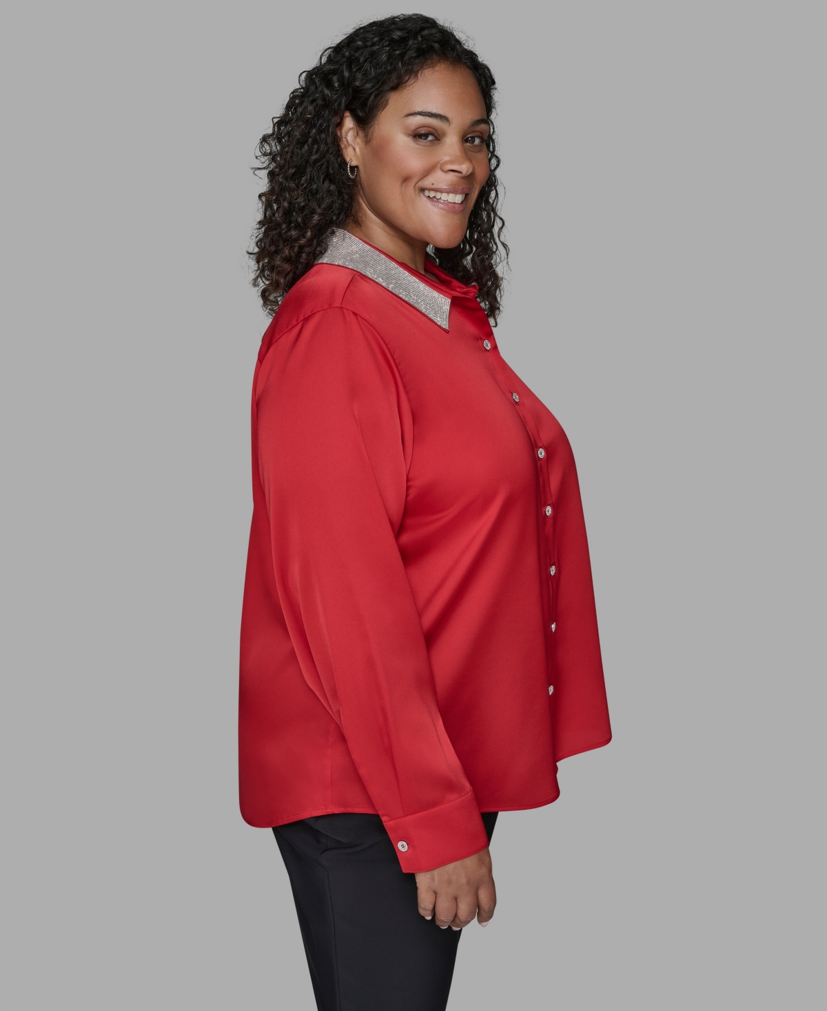 Karl Lagerfeld Plus Size Crystal Collared Neck Shirt In Multi