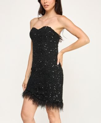 Juniors' Sleeveless Sequin Mini Dress with Faux Feather Trim