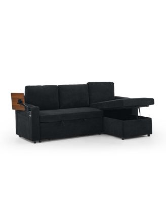 Maison Boucle Modern Chenille Upholstered Wood Pull-Out Sleeper with LED Lights, USB Ports & Cup Holders Sofa Bed