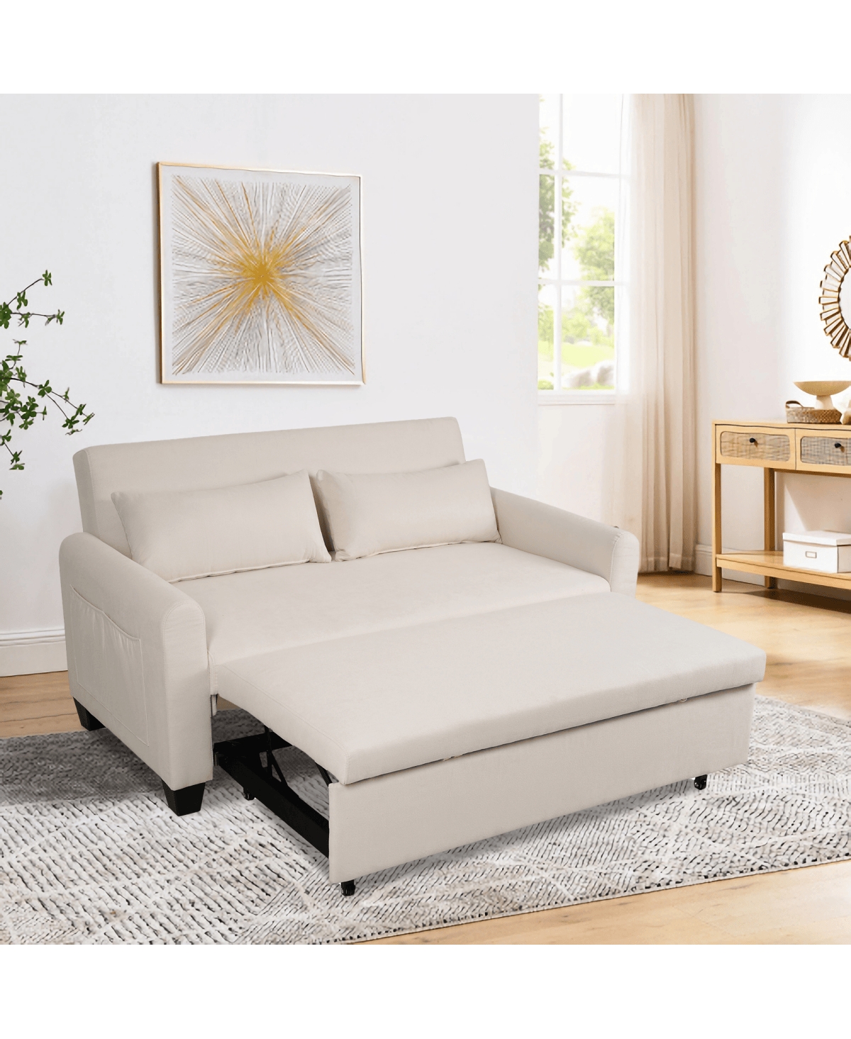 Maison Boucle 61-Inch Pull-Out Linen Sofa Bed with Extra-Wide Convertible Sleeper Loveseat, Storage Pocket & Wheels for Apartments and Guest Rooms