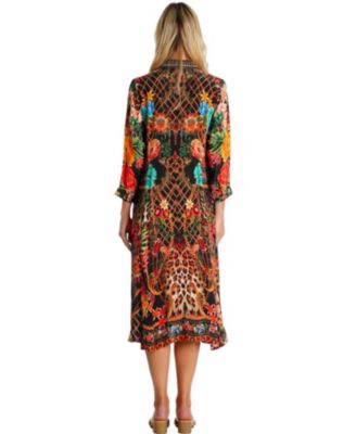 Women's Midi Summer Dress with Collared Neck, Short Sleeves, and Side Slits